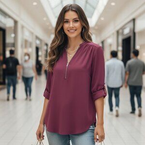 Ultra-Chic Purple V-Neck Blouse with Zip Detail & Roll-Up Sleeves Trendy 💜✨